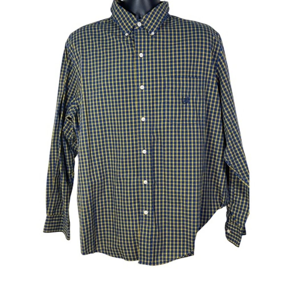 Chaps Mens Blue Yellow Plaid Easy Care Button Down Shirt Long‎ Sleeve L XL